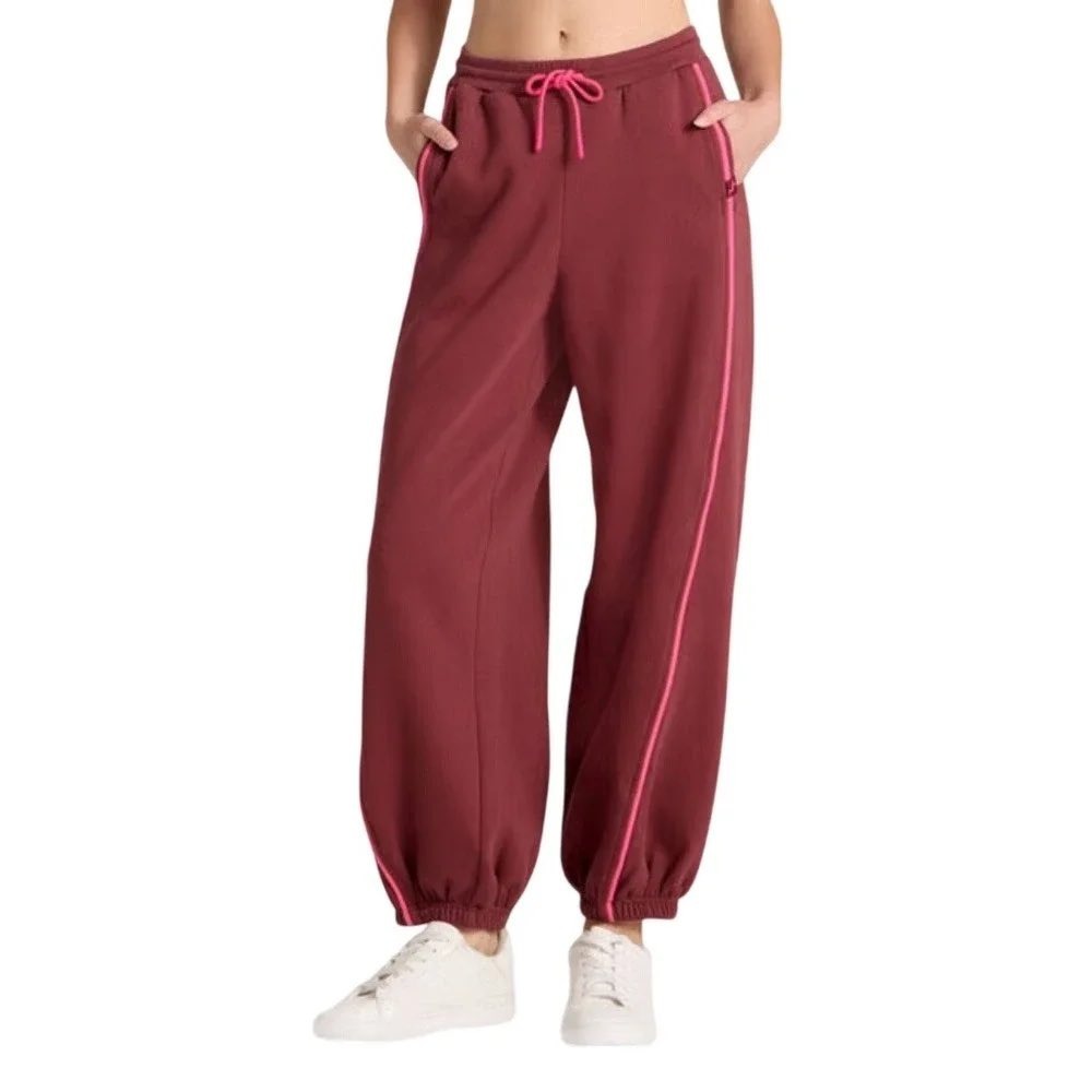JoyLab Womens Burgundy Pink Piping Jogger Sweatpants XXS High Rise Fleece Lined